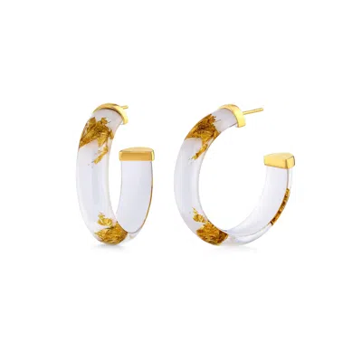 Gold & Honey Women's White / Gold Gold Leaf Hoop Earrings In White In Metallic