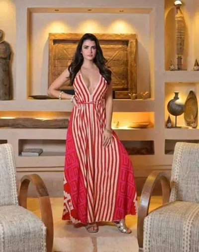 Gold & Silver Paris Levane V-neck Striped Maxi Dress In Red
