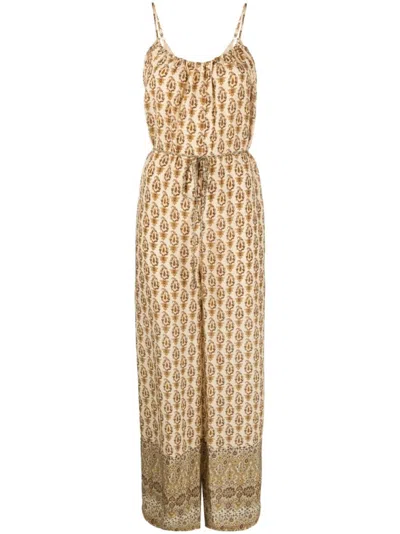 GOLD HAWK BEIGE PRINTED SILK JUMPSUIT