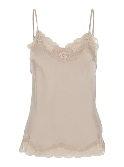 Gold Hawk Beige Sleeveless Top With Adjustable Spaghetti Straps And Floral Emellishment In Silk Woman