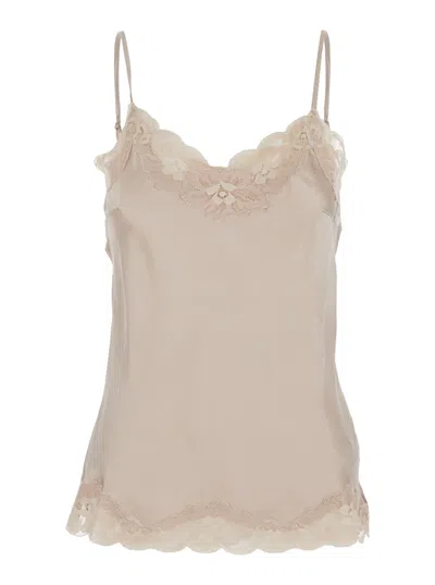 Gold Hawk Beige Sleeveless Top With Adjustable Spaghetti Straps And Floral Emellishment In Silk Woman