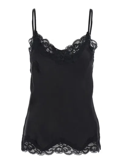 GOLD HAWK BLACK SLEEVELESS TOP WITH ADJUSTABLE SPAGHETTI STRAPS AND FLORAL EMELLISHMENT IN SILK WOMAN