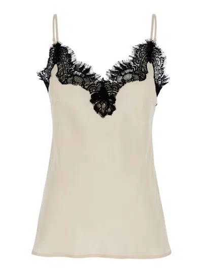 GOLD HAWK 'COCO' PEARL WHITE CAMIE TOP WITH BLACK LACE TRIM IN SILK WOMAN
