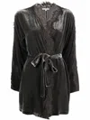 Gold Hawk Dark Grey Velvet Lace-trim Long Duster Jacket For Women In Dark Grey