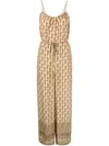 Gold Hawk Printed Silk Jumpsuit In Beige