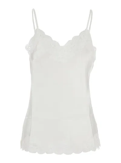 GOLD HAWK WHITE SLEEVELESS TOP WITH ADJUSTABLE SPAGHETTI STRAPS AND FLORAL EMELLISHMENT IN SILK WOMAN