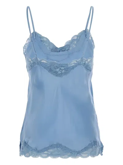 Gold Hawk Lace-trimmed Silk Top In Blue