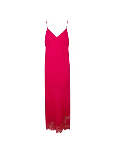 Gold Hawk Lace-trim Silk Dress In Red