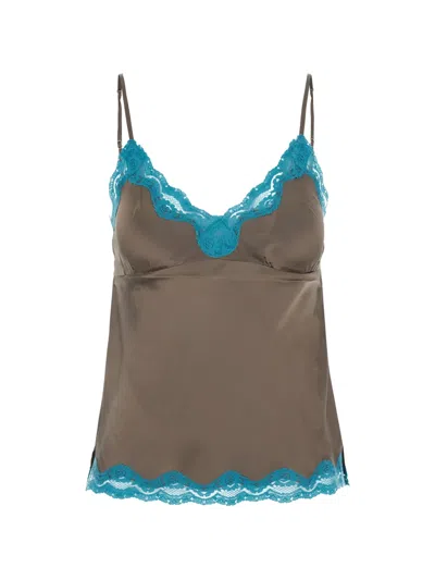 Gold Hawk Lace-trim Silk Top In Brown