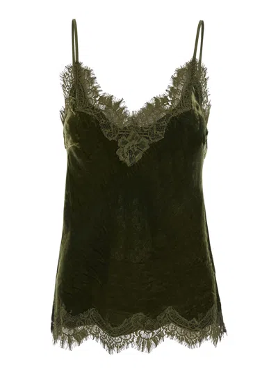 Gold Hawk Lace-trim Velvet V-neck Top With Spaghetti Straps In Green