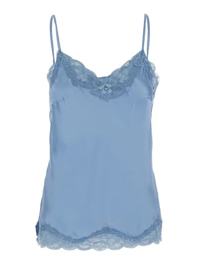 GOLD HAWK LIGHT BLUE SLEEVELESS TOP WITH ADJUSTABLE SPAGHETTI STRAPS AND FLORAL EMELLISHMENT IN SILK WOMAN