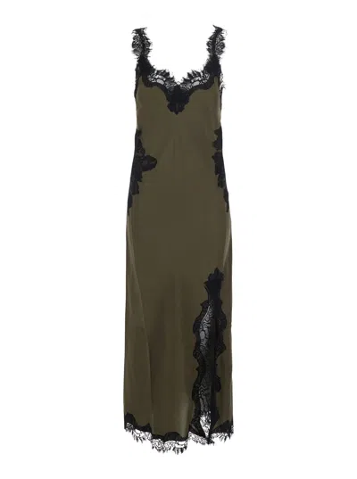 Gold Hawk Long Lace Dress With Spaghetti Straps And V-neck In Green