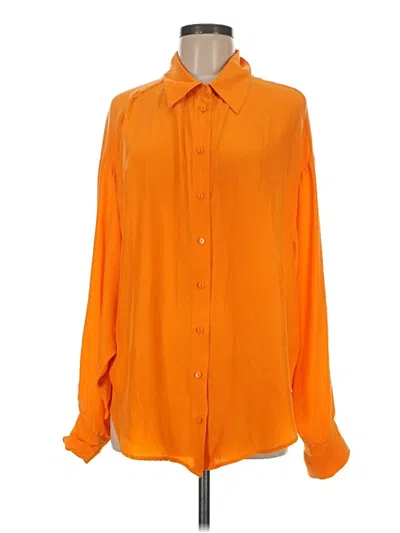Pre-owned Gold Hawk Long Sleeve Silk Top Orange Solid Pattern Collared Neckline Tops