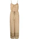Gold Hawk Printed Silk Jumpsuit In Beige