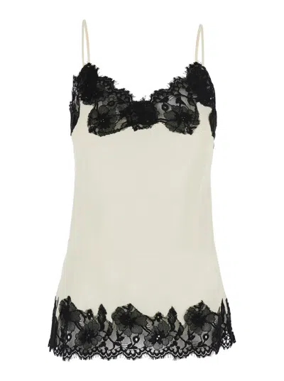 Gold Hawk Satin Lace V-neck Top With Spaghetti Straps In White