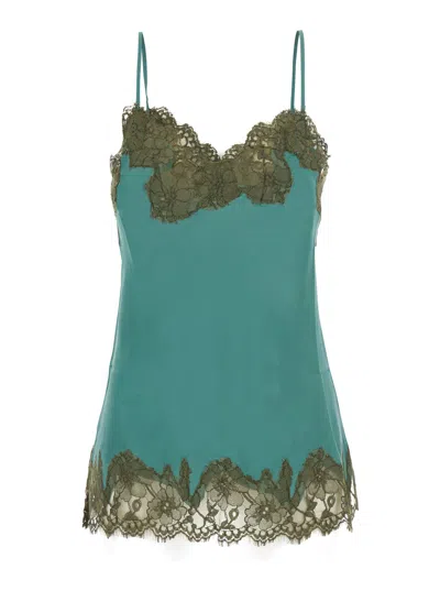 Gold Hawk Satin V-neck Lace Spaghetti Strap Top For Women In Blu