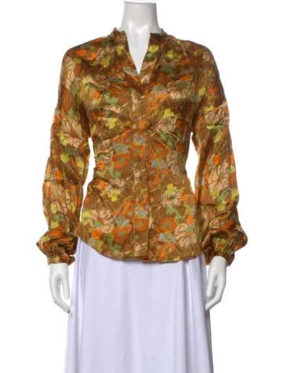 Pre-owned Gold Hawk Silk Floral Print Blouse In Multicolor
