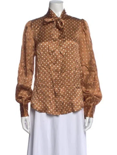 Pre-owned Gold Hawk Silk Polka Dot Print Blouse In Brown