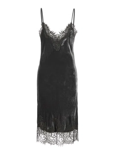 Gold Hawk Velvet Lace-trim Spaghetti Strap Dress For Women In Grey