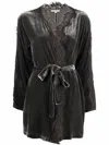 Gold Hawk Dark Grey Velvet Lace-trim Long Duster Jacket For Women
