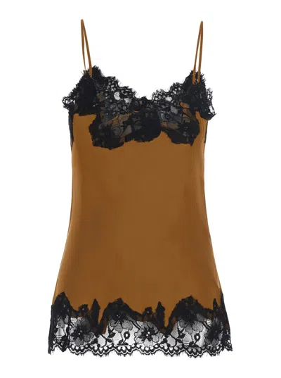 Gold Hawk V-neck Satin Top With Spaghetti Straps And All-over Lace In Brown