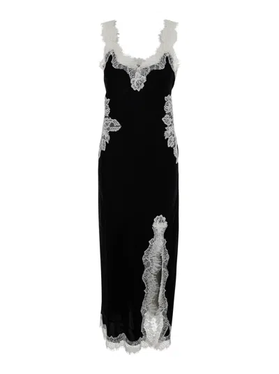 Gold Hawk V-neck Spaghetti Strap Long Dress With All-over Lace Detail In Black