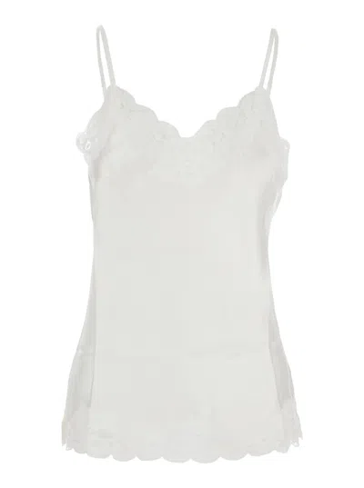 GOLD HAWK WHITE SLEEVELESS TOP WITH ADJUSTABLE SPAGHETTI STRAPS AND FLORAL EMELLISHMENT IN SILK WOMAN
