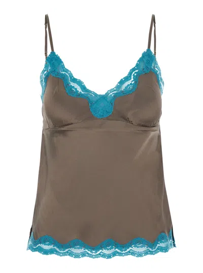 Gold Hawk Women's Lace-trim Spaghetti Strap V-neck Top In Brown