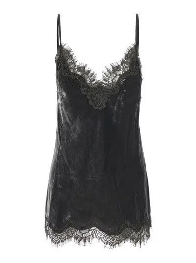 Gold Hawk Women's Velvet V-neck Top With Lace Trim And Spaghetti Straps In Grey
