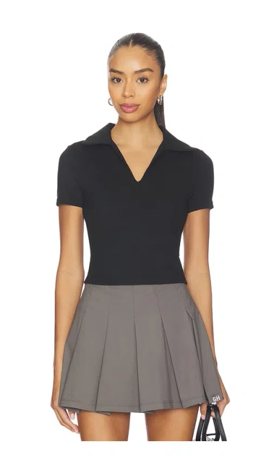 Gold Hinge Preppy V-neck Polo Top In Black