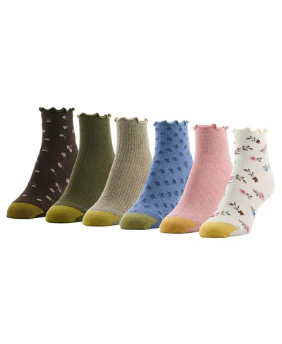 Gold Toe Women's Lettuce Edge Ribbed Quarter Socks, 6-pack In Floral Pack White,mauve,blue