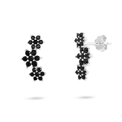Gold Trip Women's Black / Silver Black Crystal Flower Ear Climbers In Silver