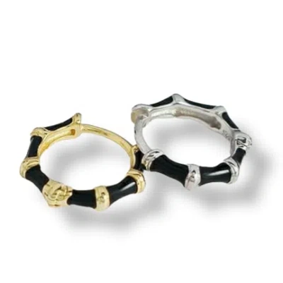 Gold Trip Women's Gold / Black Black Enamel Bamboo Huggie Hoops In Gold In Brown