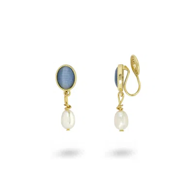 Gold Trip Women's Gold / Blue / White Blue Pearl Drop Clip On Earrings