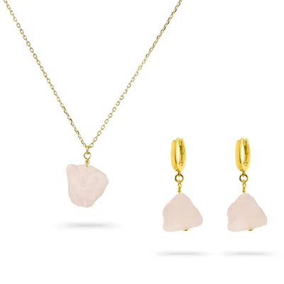Gold Trip Women's Gold / Pink Rose Quartz Pebble Pendant & Earrings Set In Gold