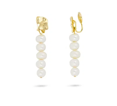 Gold Trip Women's Gold / White Long Pearl Drop Clip On Earrings In Gold In Neutral