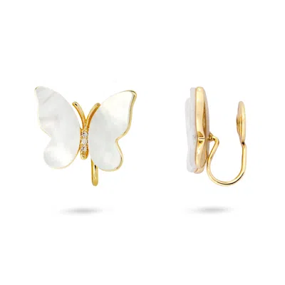 Gold Trip Women's Gold / White Mother Of Pearl Butterfly Clip On Earrings In Metallic