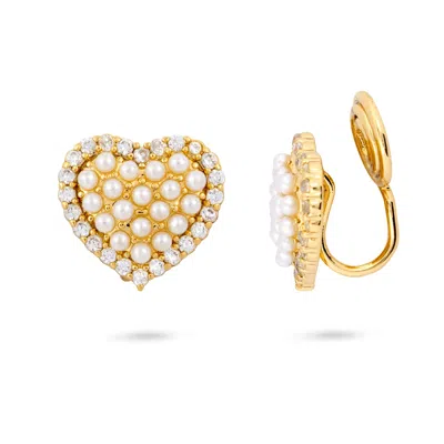 Gold Trip Women's Gold / White Pearl Heart Clip On Earrings