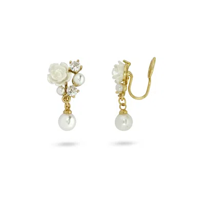 Gold Trip Women's Gold / White White Rose Pearl Drop Clip On Earrings