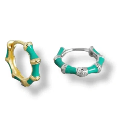 Gold Trip Women's Green / Blue / Gold Turquoise Enamel Bamboo Huggie Hoops In Gold In Metallic
