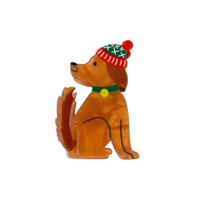 Gold Trip Women's Green / Brown / Red Dog In Christmas Hat Claw Clip