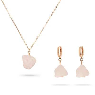 Gold Trip Women's Rose Gold / Pink Rose Quartz Pebble Pendant & Earrings Set In Rose Gold In Metallic