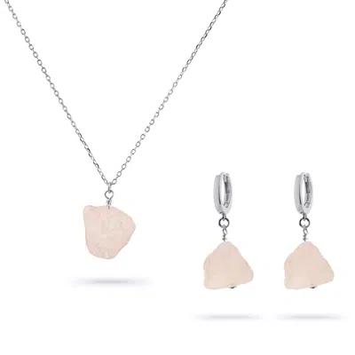 Gold Trip Women's Silver / Pink Rose Quartz Pebble Pendant & Earrings Set In Silver