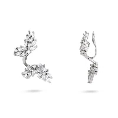 Gold Trip Women's White / Silver Crystal Leaf Clip On Earrings In Multi