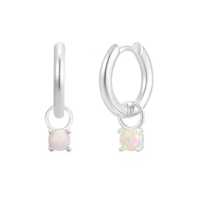 Gold Trip Women's White / Silver October Huggie Hoop Birthstone Charm Earrings In Silver In Metallic