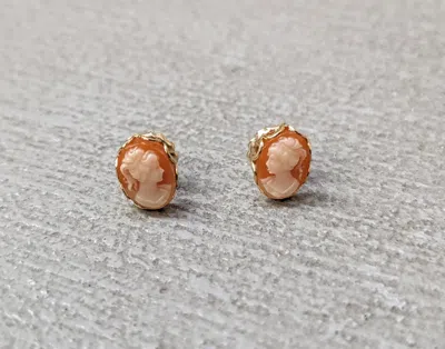 Pre-owned Gold X Jewelry Vintage 14k Earrings Cameo Coral Oval Antique Woman Lady In Gold/green