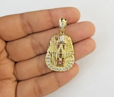 Pre-owned Goldbar Jewelers Real 10k Gold Pharaoh Head Charm Pendant 1.6" 10kt Yellow Gold For Mens Chain In White