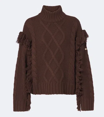 Goldbergh Brit Cable-knit Fringed Wool Sweater In Brown