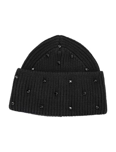 Goldbergh Ribbed Knit Winter Hat With Foldover Band And Crystal Embellishments In Black