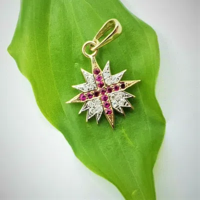 Pre-owned Golden Age 101 Ruby Cross In Star Of Bethlehem Pendant 14 Real Natural Diamonds Solid 14k Gold